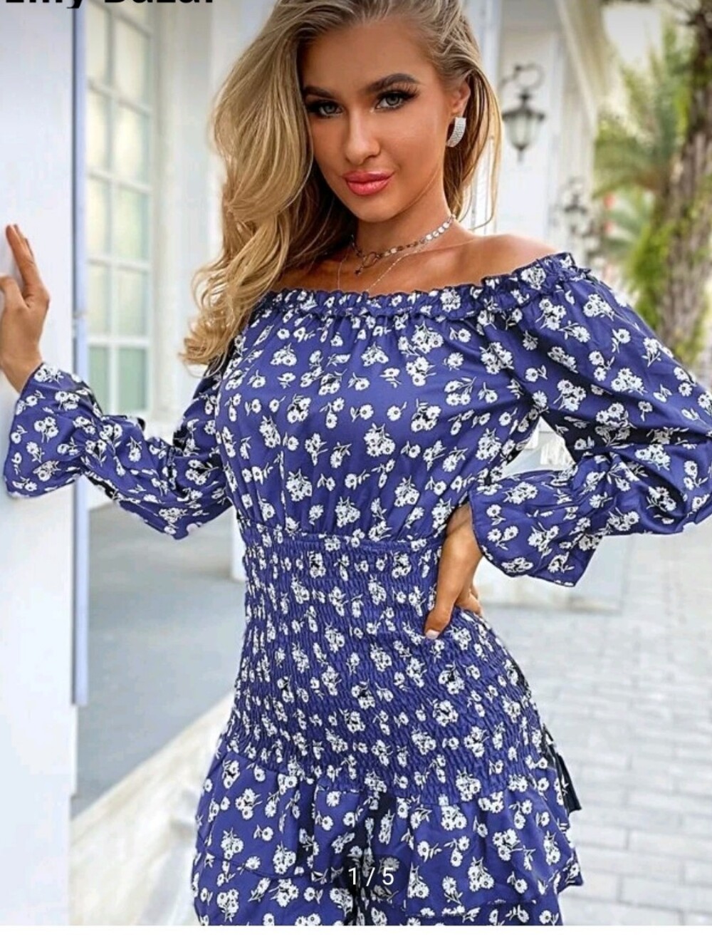 Off-Shoulder Blue Floral Smocked Dress